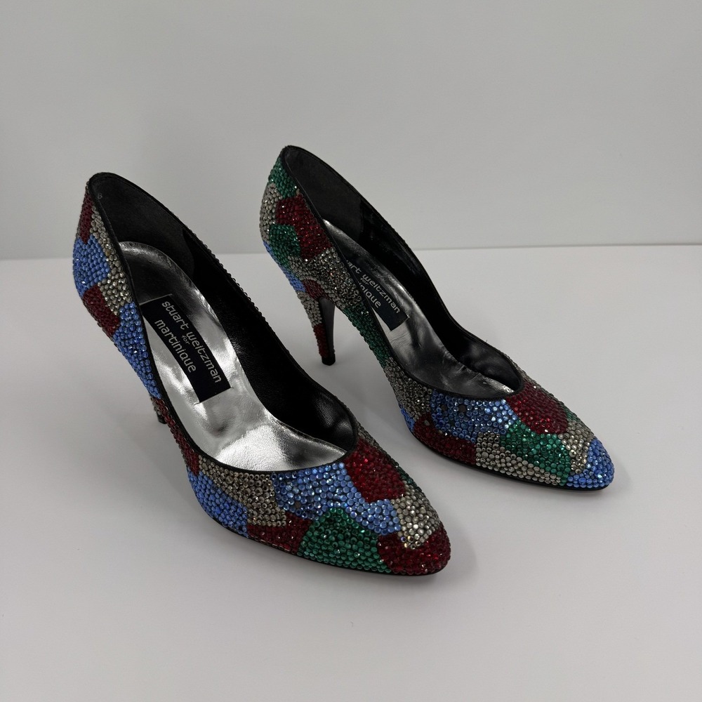 Stuart Weitzman Martinique Women's 7.5 Rhinestone Pump Multi Color Heels Leather - Picture 14 of 16